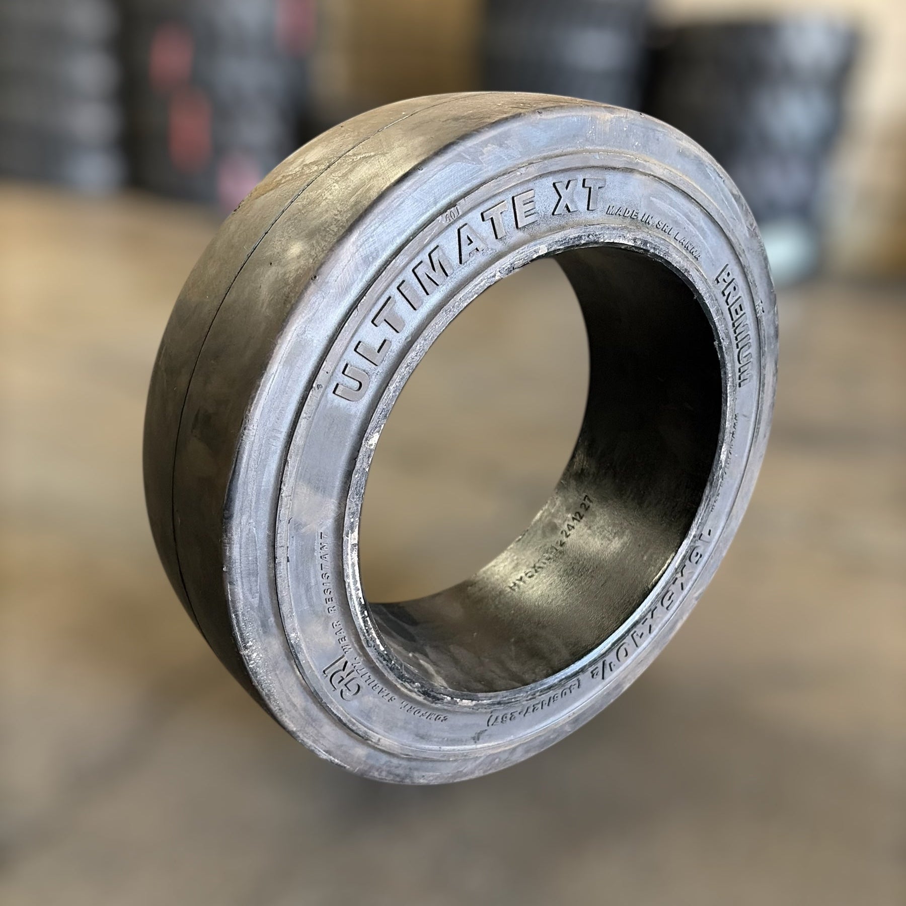 forkift tire branding on a blurred background