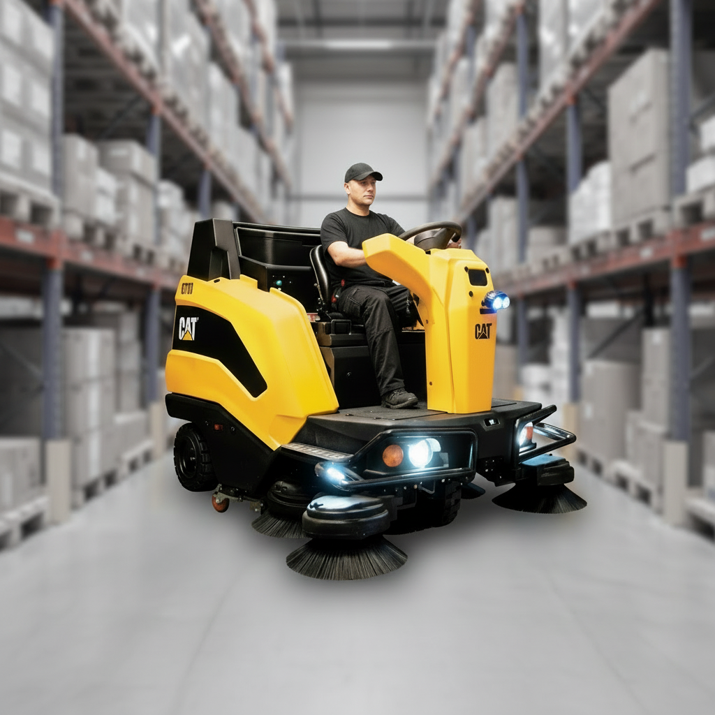 Yellow and black Caterpillar c70r ride-on sweeper cleaning warehouse
