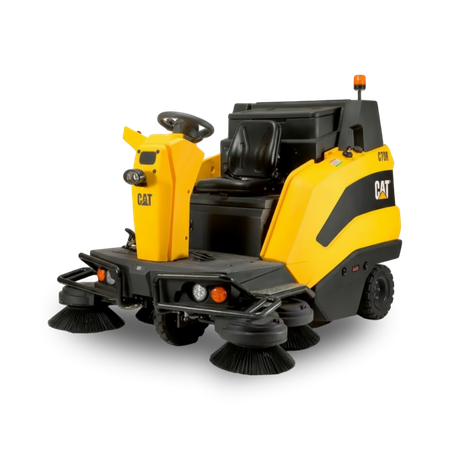 Yellow and black Caterpillar ride-on lawn mower on a white background