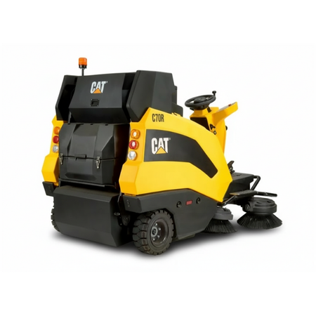 Yellow and black Caterpillar C70r ride-on sweeper on a white background