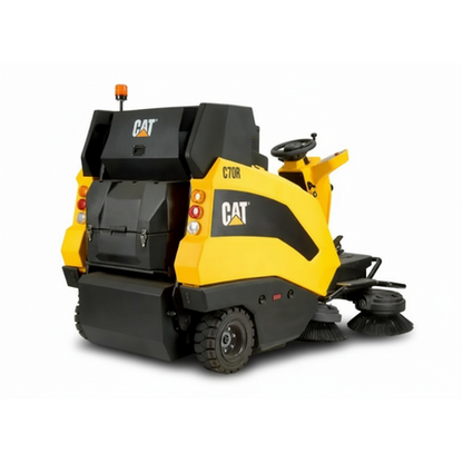 Yellow and black Caterpillar C70r ride-on sweeper on a white background