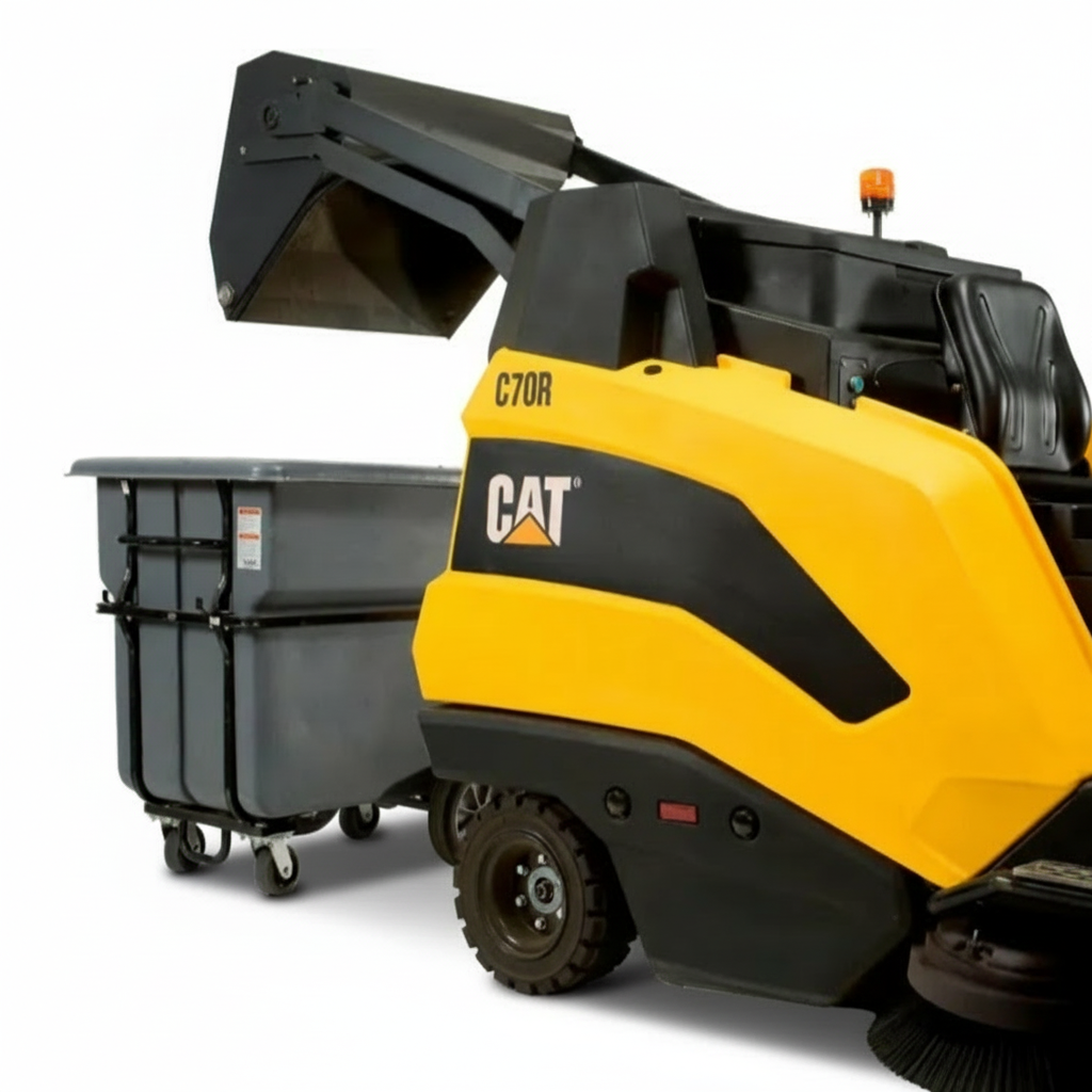 caterpillar c70r sweeper dumping garbage on swept up white background