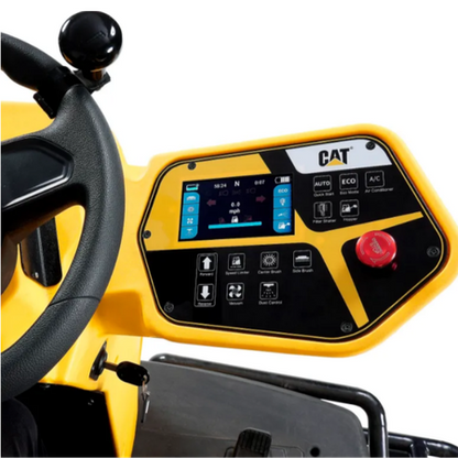 Control panel of a yellow machine with a steering wheel, featuring the Caterpillar logo on c70r